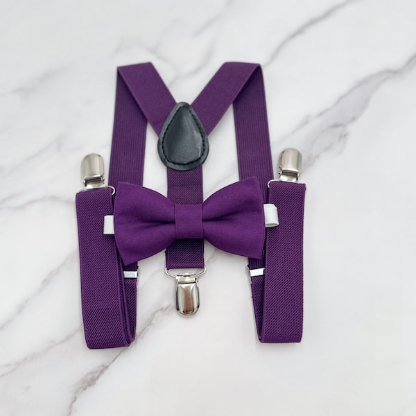 Plum Bow Tie & Suspenders – All Sizes Baby to Adult, Purple Bowtie, Ring Bearer Outfit, Groomsman Gift, Rustic Wedding