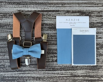 Steel Blue Bow Tie & Vegan leather Coffee Brown Suspenders , Kids Baby Boy Ring Bearer Men's Groom Best man wedding outfit set