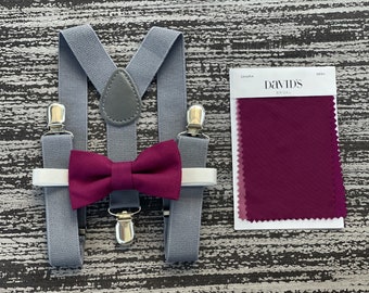 SANGRIA bow tie & Gray suspenders , Ring Bearer Groom best Man outfit , Kids Baby boy gift set , Mens wedding accessories