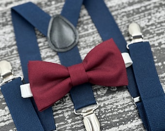 Cabernet Wine bow tie & Navy Blue suspenders , Ring Bearer boy's gift , Men's pocket square , Groomsmen wedding outfit