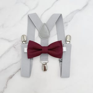 Cabernet Bow tie & Suspenders, Light Gray Braces, Wine Bow Tie, Pocket Square, Ring Bearer Outfit, Boho Wedding, Rustic Wedding Outfit