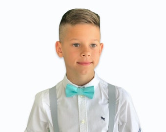 Men's Kids PASTEL Gray Suspenders & Aqua Blue bow tie , Suspenders Set , Newborn - Adult  Baby Boys Wedding Ring Bearer Groom outfit