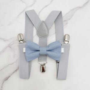 Dusty Blue Bowtie & Suspenders, Light Gray Suspenders, Pocket Square, Ring Bearer Outfit, Boho Wedding, Rustic Wedding Outfit