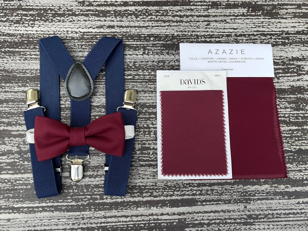 Wine Bow Tie & Navy Blue Suspenders , Ring Bearer Boy's Gift , Men's Pocket Square