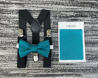Oasis Blue bow tie and Black suspenders , Baby Boy Kids Ring Bearer Toddler outfit , Mens Groom Best Man wedding accessories set
