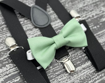 Sage Meadow Green bow tie & Black Suspenders , Men's Pocket Square , Matcha bow , Ring Bearer boy's gift , Groomsmen wedding outfit