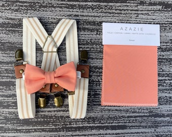 Sunset Coral bow tie and Beige ivory Striped suspenders , Ring Bearer Groom best Man outfit , Kids Baby boy gift set , Mens accessories