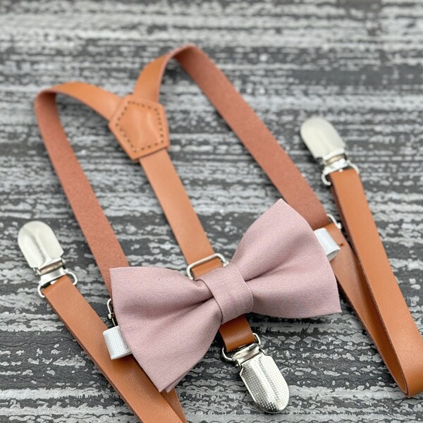 Dusty Mauve Quartz bow tie & Skinny Leather Suspenders , Rust Brown braces , Ring Bearer boy's gift , Groomsmen outfit , Men's wedding set