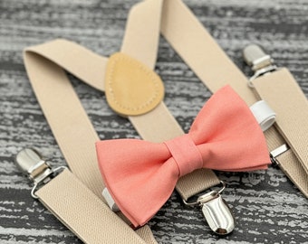 Coral Salmon bow tie & Champagne Tan suspenders , Khaki Braces , Ring Bearer boy's gift , Wedding Groomsmen outfit , Men's pocket square