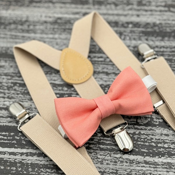 Coral Salmon bow tie & Champagne Tan suspenders , Khaki Braces , Ring Bearer boy's gift , Wedding Groomsmen outfit , Men's pocket square