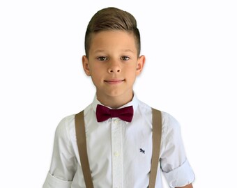 Cabernet Wine  bow tie and Taupe Khaki suspenders , Ring Bearer Groom best Man outfit , Kids Baby boy gift set , Mens wedding accessories