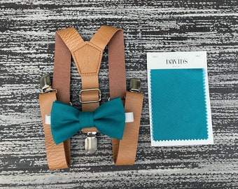 Oasis blue Bow Tie & Rustic Vegan leather Brown Suspenders , Kids Baby Boy Ring Bearer Men's Groom Best man wedding outfit set