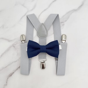 Navy Bow tie & Suspenders, Light Gray Braces, Marine Bow Tie, Pocket Square, Ring Bearer Outfit, Boho Wedding, Rustic Wedding Outfit