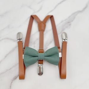 Eucalyptus Bow Tie & Suspenders, Groomsman Suspenders, Skinny Cognac Suspenders, Vegan Leather, Ring Bearer outfit, Sea Glass Bow