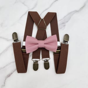 Dusty Rose Bow tie & Suspenders, X - Back Brown Braces, Pocket Square, Ring Bearer Outfit, Boho Wedding, Rustic Wedding Outfit