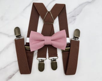 Dusty Rose Bow tie & Suspenders, X - Back Brown Braces, Pocket Square, Ring Bearer Outfit, Boho Wedding, Rustic Wedding Outfit