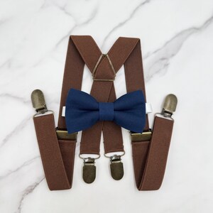 Navy Blue Bow tie & Suspenders, Marine Bow Tie, X - Back Brown Braces, Pocket Square, Ring Bearer Outfit, Boho Rustic Wedding Outfit
