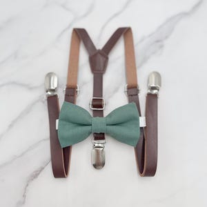 Eucalyptus Bow Tie & Skinny Leather Suspenders - Baby to Adult Sizes, Ring Bearer Groomsman Gift, Rustic Wedding, Cotton Pocket Square