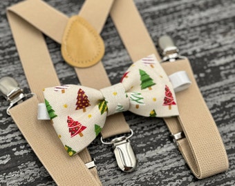 Christmas Linen bow tie & Champagne Tan Suspenders , Holiday boy's gift , Wedding outfit , Men's photo Prop set , Beige braces