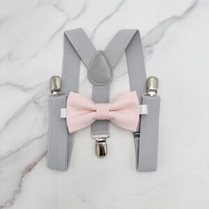 Blush Bow tie & Suspenders, Light Gray Braces, Petal Bow tie, Pocket Square, Ring Bearer Outfit, Boho Wedding, Rustic Wedding Outfit