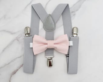 Blush Bow tie & Suspenders, Light Gray Braces, Petal Bow tie, Pocket Square, Ring Bearer Outfit, Boho Wedding, Rustic Wedding Outfit