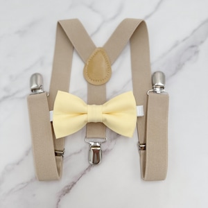 Canary Bowtie & Suspenders | Champagne Suspenders | Pocket Square | Ring Bearer Outfit | Boho Rustic Wedding Outfit | Pale Yellow Bow Tie