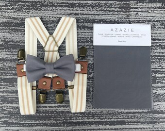 Medium Gray bow tie and Beige ivory Striped suspenders , Ring Bearer Groom best Man outfit , Kids Baby boy gift set , Mens accessories