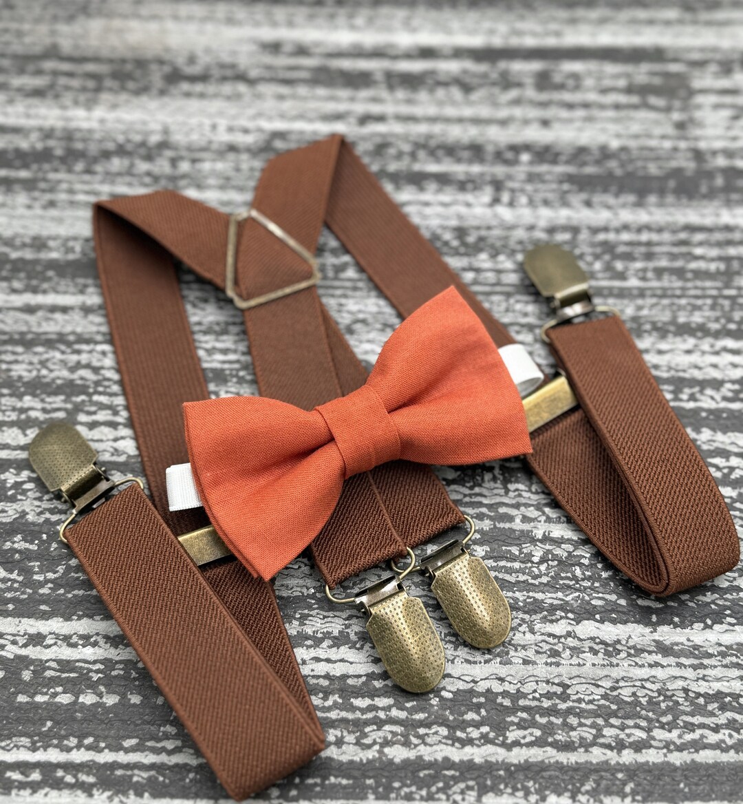 Handmade Men's Tan Brown Cotton Bow Tie, Suspenders & Pocket Square Set – Classic Style, Made In Australia 1 thumbnail image