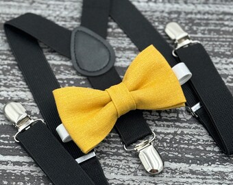 Mustard Yellow Linen bow tie & Black suspenders , Men's Groomsmen wedding outfit , Boy's Ring Bearer gift set