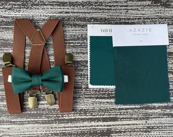 Pine Green bow tie & Rustic Brown x- shape suspenders , Ring Bearer Groom best Man outfit , Kids Baby boy gift set , Mens accessories