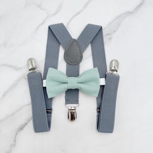 Dusty Sage Bow tie & Suspenders, Gray Braces, Agave Bow Tie, Pocket Square, Ring Bearer Outfit, Boho Rustic Wedding Outfit