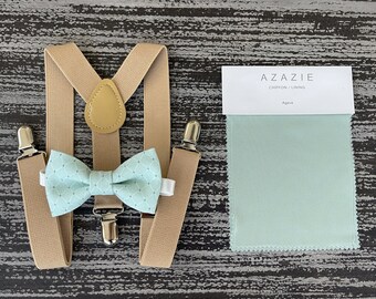 Agave bow tie and Beige Khaki suspenders , Ring Bearer Groom best Man set , Kids Baby boy gift , Mens wedding accessories