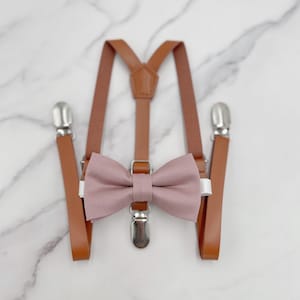 Dusty Mauve Bow Tie & Suspenders | Quartz Bow Tie | Skinny Cognac Suspenders | Vegan Leather | Ring Bearer outfit | Rustic Wedding Braces
