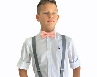 Suspenders Set , infant - Kids Children Mens Baby Boys Medium Gray Suspenders & BELLINI  Peach Coral bow tie , Wedding Page Boy outfit