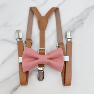 Cedar Rose Bow Tie & Suspenders | Groomsman Suspenders | Skinny Suspenders | Vegan Leather | Ring Bearer outfit | Rustic Wedding