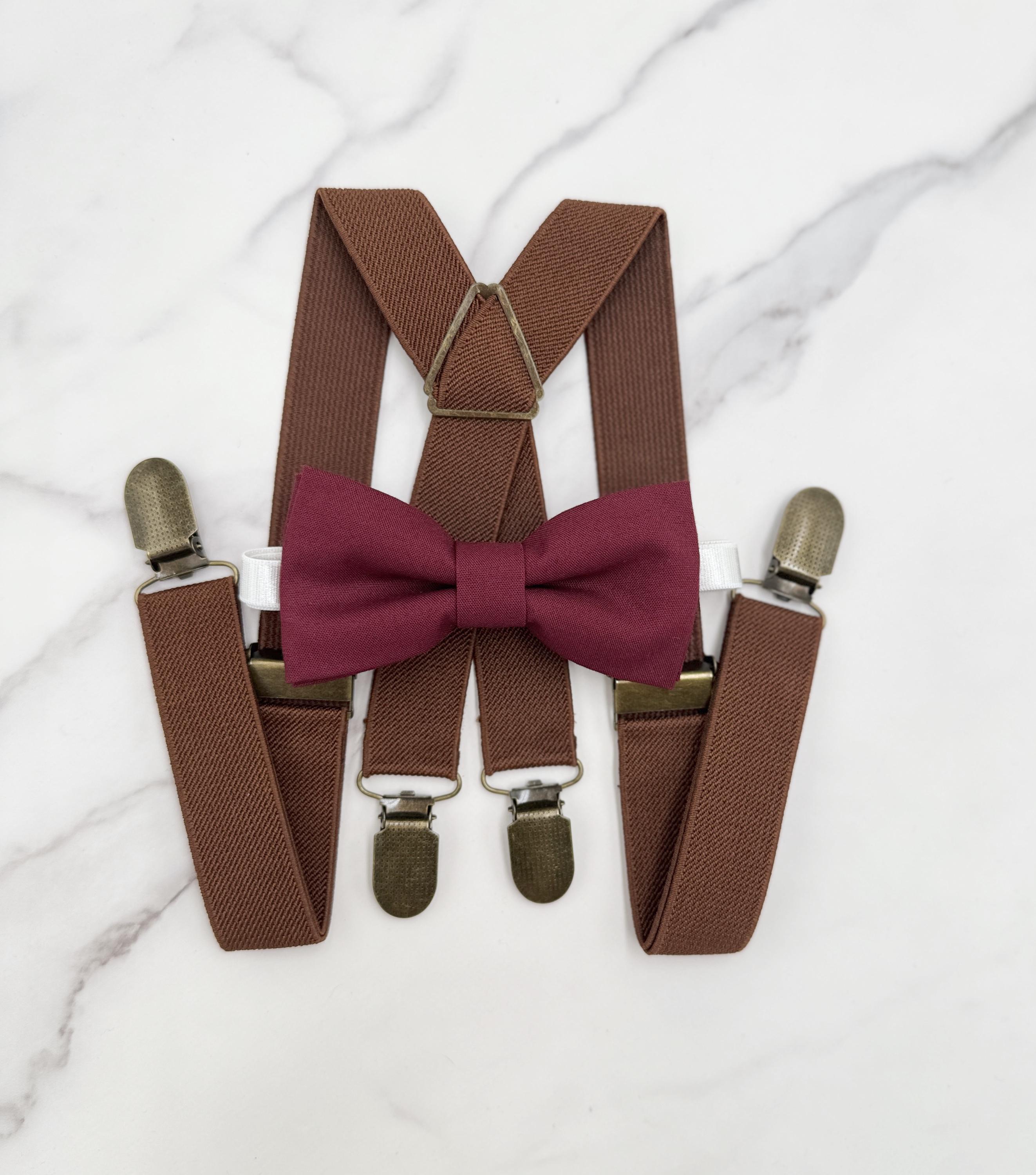 burgundy bow tie and suspenders wedding