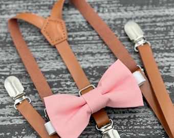 Ballet Rose Pink bow tie & Rust Brown Skinny Leather Suspenders , Men's pocket square , Ring Bearer boy's gift , Groomsmen wedding outfit