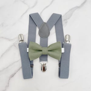 Moss Bow tie & Suspenders, Gray Braces, Eucalypt Green Bow Tie, Pocket Square, Ring Bearer Outfit, Boho Rustic Wedding Outfit