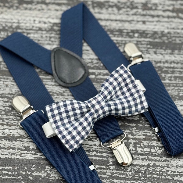 Plaid Navy Blue bow tie & Marine Suspenders , Ring Bearer boy's gift , Gingham bowtie , Men's Wedding Groomsmen outfit