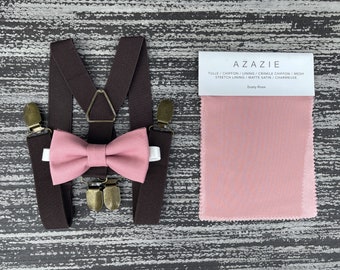 Dusty Rose Pink bow tie &  Coffee Brown x- shape suspenders , Ring Bearer Groom best Man outfit , Kids Baby boy set , Mens accessories