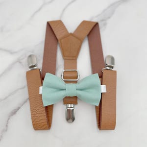 Dusty Sage Bow Tie & Suspenders, Vegan Leather Suspenders, Agave Bowtie, Groomsman Outfit, Pocket Square, Ring Bearer outfit