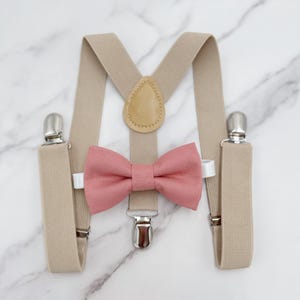 Cedar Rose Bowtie & Suspenders | Champagne Suspenders | Pocket Square | Ring Bearer Outfit | Boho Rustic Wedding Outfit | Desert Coral Bow