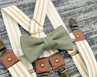 Moss Green bow tie & Ivory Striped Suspenders , Eucalypt bowtie , Beige x- back braces , boy's ring bearer outfit , Men's pocket square