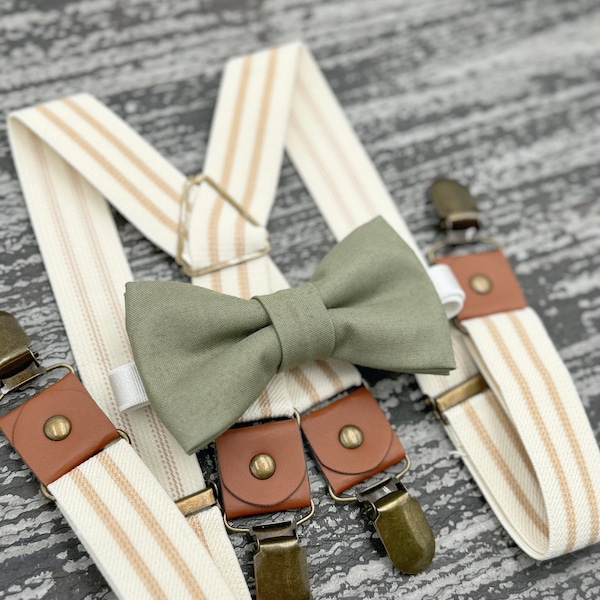 Moss Green bow tie & Ivory Striped Suspenders , Eucalypt bowtie , Beige x- back braces , boy's ring bearer outfit , Men's pocket square