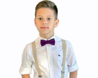 Suspenders Set , Infant - ADULT Kids Children Baby Boys Tan Khaki Suspenders & Purple Plum bow tie , Wedding Page Boy Groom outfit