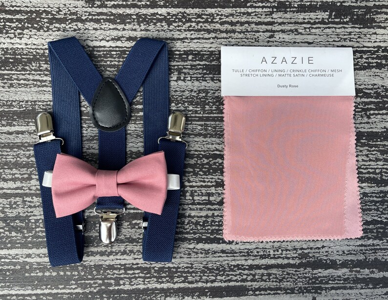 Dusty Rose bow tie & Navy Blue Suspenders , Ring Bearer boy's gift , Groomsmen Wedding outfit , Men's pocket square , Cake Smash outfit image 4