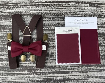 Cabernet Wine bow tie & Coffee Brown x- shape suspenders , Ring Bearer Groom best Man outfit , Kids boy gift set , Mens accessories