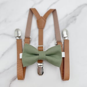 Moss Bow Tie & Suspenders | Groomsman Suspenders | Eucalypt Bow | Skinny Suspenders | Vegan Leather | Ring Bearer outfit | Rustic Wedding