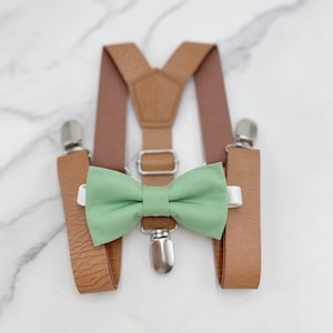 Matcha Bow Tie & Suspenders, Vegan Leather Suspenders, Meadow Sage Bowtie, Groomsman Outfit, Pocket Square, Ring Bearer outfit