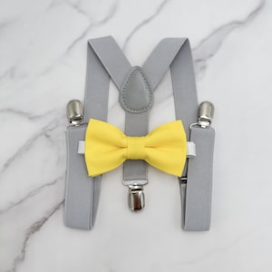 Yellow Bow tie & Suspenders, Light Gray Braces, Pocket Square, Ring Bearer Outfit, Boho Wedding, Rustic Wedding Outfit